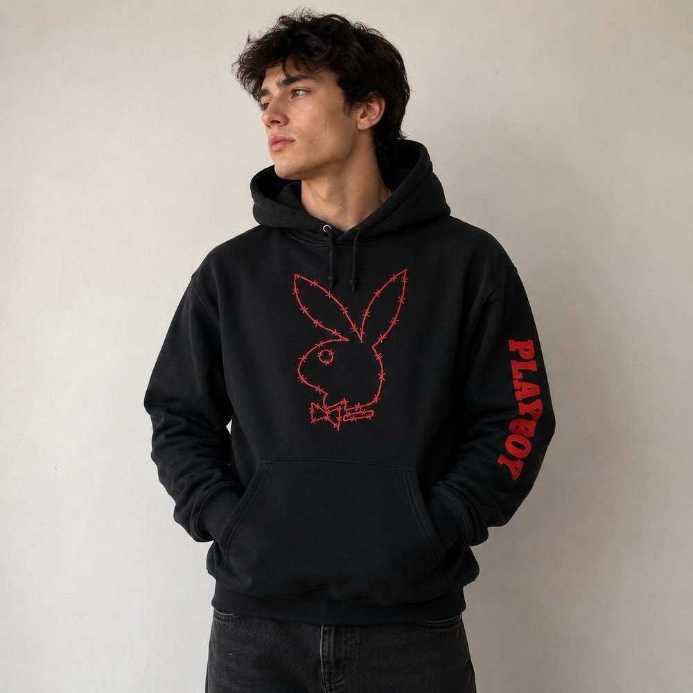 Playboy Mens Barbed Wire Bunny Logo Hoodie Black Red Large Streetwear Pullover